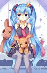  &gt;:) blue_eyes blue_hair crown hatsune_miku kimagure_mercy_(vocaloid) long_hair looking_at_viewer mini_crown pantyhose peanuts_(asd313175) sitting skirt smile solo stuffed_animal stuffed_bunny stuffed_toy twintails v-shaped_eyebrows very_long_hair vocaloid 