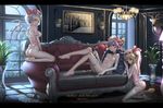  absurdres ass bare_shoulders barefoot bat_wings blonde_hair breasts corset couch cup deer_head drinking_glass dual_persona elbow_gloves feet flandre_scarlet garter_belt gloves hat hat_ribbon highres hk_(hk) indoors lamp leg_garter long_hair looking_at_viewer lying medium_breasts mob_cap multiple_girls nipples no_bra no_panties on_back photo_(object) plant potted_plant purple_hair red_eyes red_ribbon remilia_scarlet ribbon siblings side_ponytail sisters small_breasts taxidermy thighhighs touhou white_gloves white_legwear window wine_glass wings 