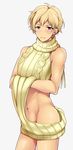  adonis_belt aran_sweater blonde_hair bottomless contrapposto dorifesu! dress embarrassed grey_background groin ku--ma looking_to_the_side male_focus meme_attire naked_sweater navel purple_eyes ribbed_sweater sasaki_junya simple_background solo standing sweater sweater_dress thighs turtleneck turtleneck_sweater virgin_killer_sweater yellow_sweater 