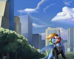  blue_feathers city clothed clothing cutie_mark day detailed_background equine feathered_wings feathers feral friendship_is_magic hair mammal multicolored_hair my_little_pony outside pegasus rainbow_dash_(mlp) rainbow_hair rublegun sky smile solo standing wings 