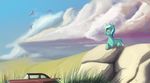  car cutie_mark day detailed_background equine feral friendship_is_magic fur grass green_fur hooves lyra_heartstrings_(mlp) mammal my_little_pony nude rock rublegun sky smile solo vehicle yellow_eyes 