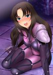  1girl absurdres aqua_eyes black_hair blush bodysuit breasts cosplay covered_navel embarrassed fate/stay_night fate_(series) floor highres legs long_hair looking_at_viewer open_mouth shoulder_pads sitting solo thighs tohsaka_rin yadokari_genpachirou 