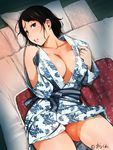  arakure black_hair blush breasts brown_eyes cleavage clenched_teeth collarbone commentary_request floral_print futon japanese_clothes kimono large_breasts long_sleeves looking_at_viewer lying mature no_panties on_back original sash short_hair solo teeth yukata 