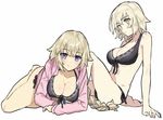  arm_support bare_legs barefoot bikini black_bikini blonde_hair blush braid breasts cleavage eyebrows_visible_through_hair fate/apocrypha fate/grand_order fate_(series) front-tie_bikini front-tie_top full_body halterneck highres jacket jeanne_d'arc_(alter)_(fate) jeanne_d'arc_(fate) jeanne_d'arc_(fate)_(all) large_breasts leaning_back light_smile long_hair looking_at_viewer lying multiple_girls purple_eyes short_hair side-tie_bikini simple_background single_braid sitting swimsuit teshima_nari white_background yellow_eyes 