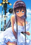  black_hair blue_eyes blush breasts cleavage cloud cloudy_sky dark_skin day dress dress_tug gorua_(youce01) hairband large_breasts leaning_forward long_hair looking_at_viewer md5_mismatch original parted_lips railroad_crossing revision signpost sky smile solo white_dress yuurika_(gorua) 