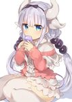  bangs beads biting blue_eyes blunt_bangs blush capelet dragon_girl dragon_horns dress eyebrows_visible_through_hair hair_beads hair_ornament hairband holding holding_own_tail holding_tail horns jitome kanna_kamui kobayashi-san_chi_no_maidragon lavender_hair long_hair looking_at_viewer simple_background sitting solo tail tail_biting thighhighs thighs twintails white_legwear yamaarashi 