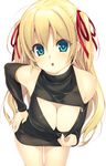  absurdres bare_shoulders black_dress blonde_hair blue_eyes breasts cleavage cleavage_cutout detached_sleeves downblouse dress eyebrows_visible_through_hair eyes_visible_through_hair hair_between_eyes hair_ribbon hand_on_hip highres kinoshita_ichi large_breasts leaning_forward long_hair looking_at_viewer non-web_source original parted_lips ribbon short_dress simple_background sleeveless sleeveless_turtleneck solo turtleneck two_side_up white_background zipper 