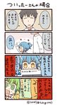  2girls 4koma artist_name blue_hair comic commentary_request flower green_eyes holding line_(naver) multiple_girls partially_translated personification ponytail sweatdrop translation_request tsukigi twitter twitter-san twitter-san_(character) twitter_username yellow_eyes 