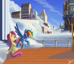  blue_feathers blue_fur cutie_mark day detailed_background duo equine eyelashes feathered_wings feathers feral fluttershy_(mlp) flying friendship_is_magic fur green_eyes hair mammal multicolored_hair my_little_pony pegasus rainbow_dash_(mlp) rainbow_hair rublegun sitting sky smile wings yellow_feathers 