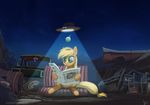  apple applejack_(mlp) blonde_hair detailed_background equine eyelashes female feral food friendship_is_magic fruit green_eyes hair hat hooves mammal my_little_pony night paper reading rublegun sitting sky solo star starry_sky 