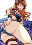  adjusting_clothes adjusting_swimsuit akai_kagerou ass beatrix_(granblue_fantasy) bikini blue_bikini blush breasts brown_hair from_behind granblue_fantasy green_eyes large_breasts lips long_hair looking_at_viewer lying midriff on_side open_mouth skindentation solo swimsuit thigh_strap thighs wavy_mouth wrist_cuffs 