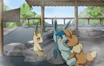  better_version_at_source detailed_background eevee eeveelution female feral glaceon koorinezumi leafeon male male/female nintendo pok&eacute;mon video_games 