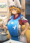  animal_ears blonde_hair breasts bright_pupils calendar_(object) chanta_(ayatakaoisii) cirno clownpiece cooking cowboy_shot cutting_board daiyousei dress eyebrows_visible_through_hair food fox_ears fox_tail hand_on_hip hat highres holding huge_breasts indoors kitchen lily_white long_sleeves luna_child multiple_tails pillow_hat pot rice_cooker sleeves_rolled_up smile solo standing star_sapphire sunny_milk sweat tabard tail tasuki touhou white_dress wide_sleeves yakumo_ran yellow_eyes 