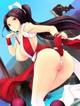  armpits ass bent_over breasts brown_hair cleavage fatal_fury highres katori_(mocchidou) large_breasts long_hair looking_at_viewer partially_visible_vulva ponytail shiranui_mai sideboob smile solo the_king_of_fighters thighs twisted_torso 