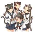  animal_ears arm_warmers ayanami_(kantai_collection) black_eyes black_hair blue_skirt braid brown_eyes brown_hair cat_ears cat_tail cowboy_shot hair_between_eyes isonami_(kantai_collection) kantai_collection karasu_(naoshow357) long_hair long_sleeves multiple_girls plaid plaid_skirt pleated_skirt ponytail remodel_(kantai_collection) school_uniform serafuku shikinami_(kantai_collection) short_hair side_ponytail sidelocks simple_background single_braid skirt smile tail thick_eyebrows uranami_(kantai_collection) wavy_mouth white_background 