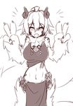  2016 4_fingers big_breasts big_hands blush breasts clothed clothing eyes_closed female fluff_snake fluffy fur horn humanoid hybrid lamia loincloth monochrome monster_girl_(genre) navel open_mouth reptile scales scalie shenti simple_background sketch smile snake solo sub-res v_sign white_background 