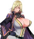  ascot belt black_gloves blonde_hair blush breasts cape cleavage closed_mouth commentary_request covered_nipples genderswap genderswap_(mtf) gloves hand_on_hip heterochromia huge_breasts jacket long_hair long_sleeves open_clothes open_jacket red_eyes richard_(tales) smile solo tales_of_(series) tales_of_graces upper_body usagi_nagomu wide_sleeves yellow_eyes 