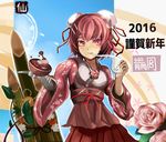  2016 bamboo bandaged_arm bandages bangs blue_sky blush bowl bun_cover cloud commentary_request day double_bun eating eyebrows_visible_through_hair floral_print flower food hair_ornament hairclip hands_up holding holding_bowl holding_food houdukixx ibaraki_kasen japanese_clothes leaf long_sleeves looking_at_viewer mochi pink_eyes pink_flower pink_hair pink_rose red_ribbon ribbon rose shiruko_(food) short_hair sky solo standing string touhou translation_request wagashi wide_sleeves 