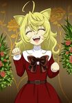  ahoge alternate_costume animal_ears belt blonde_hair cat_ears closed_eyes commentary_request cowboy_shot dress facing_viewer fake_animal_ears floral_print flower forced_smile hijikawa_arashi long_hair paw_pose red_dress rose smile solo standing tanya_degurechaff youjo_senki 