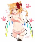  2017 :d animal_ears blonde_hair blush bow bra breasts cat_ears commentary_request dated fang flandre_scarlet frilled_bra frilled_panties frills hair_bow haruki_(colorful_macaron) kemonomimi_mode laevatein_(tail) looking_at_viewer navel open_mouth panties paw_pose paw_print red_eyes short_hair side_ponytail signature small_breasts smile solo tail touhou underwear underwear_only wings 
