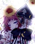  blood flower fukuroi_marika grin hair_flower hair_ornament highres hug kyun_(vacaloid) mahou_shoujo_ikusei_keikaku mahou_shoujo_ikusei_keikaku_jokers multiple_girls purple_eyes short_hair shufflin smile spade_(shape) sunflower tears thorns 