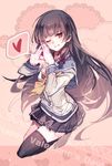  ascot bangs black_hair cis_(carcharias) full_body gloves grin happy_valentine heart heart_hands isokaze_(kantai_collection) kantai_collection lace long_hair long_sleeves looking_at_viewer miniskirt one_eye_closed open_mouth pleated_skirt red_eyes school_uniform serafuku skirt smile solo spoken_heart thighhighs twitter_username valentine 
