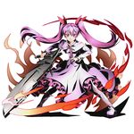  akame_ga_kill! alpha_transparency capelet divine_gate dress fire full_body gun gunblade hair_ribbon holding holding_gun holding_weapon lolita_fashion long_hair looking_at_viewer mine_(akame_ga_kill!) neck_ribbon official_art pink_dress pink_eyes pink_hair pink_ribbon red_ribbon ribbon smile solo transparent_background twintails ucmm very_long_hair weapon 