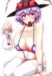  alternate_costume arm_support bangs bare_arms bare_shoulders bikini black_hat blush bow breasts chocolate cleavage collarbone commentary_request cover covered_nipples food_in_mouth frilled_bikini frills hair_between_eyes hat hat_bow highres huge_breasts looking_at_viewer mouth_hold nagae_iku navel pouch purple_bikini purple_hair red_bow red_eyes short_hair sideboob sitting solo swimsuit thighhighs touhou white_legwear wrist_cuffs yokozuwari zan_(harukahime) 