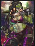  2017 anthro black_border black_hair border breasts claws cleavage clothed clothing dreadlocks female fingerless_gloves gloves gun hair holding_object holding_weapon knife licking long_hair looking_at_viewer midriff miles_df open_mouth ranged_weapon reptile scalie solo submachine_gun tongue tongue_out uzi weapon yellow_eyes zynn 