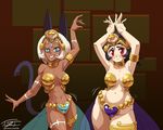  animal_humanoid belly_dancing black_hair blue_eyes blush breasts cat_humanoid clothed clothing dark_skin duo epictones feline female filia grin hair headdress human humanoid mammal nadia_fortune red_eyes scar shantae_(series) skimpy skullgirls smile white_hair 