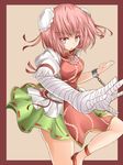  bad_hands bad_perspective bandaged_arm bandages bun_cover chain chinese_clothes commentary_request cuffs double_bun flower hair_rings houdukixx ibaraki_kasen pink_eyes pink_flower pink_hair pink_rose puffy_sleeves red_footwear ribbon rose shackles shoes short_hair solo tabard touhou 