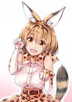  :3 animal_ears bare_shoulders blonde_hair blush bow bowtie breasts cat_ears elbow_gloves eyebrows_visible_through_hair ganari_ryuu gloves highres kemono_friends large_breasts looking_at_viewer open_mouth paw_pose serval_(kemono_friends) serval_ears serval_print serval_tail short_hair sleeveless smile solo tail yellow_eyes 
