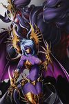  1girl absurdres armor bare_shoulders bikini_armor black_sclera blue_hair breasts cleavage collarbone commentary covered_mouth cowboy_shot demon demon_girl demon_horns demon_tail demon_wings extra_eyes gauntlets grin headgear highres horns jmg large_breasts long_hair looking_at_viewer mask navel original purple_skin scar smile stomach tail teeth thighhighs veins wings yellow_eyes 