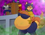  anthro beauty_mark belly big_belly big_breasts blue_hair breasts canine carmelita_fox cleavage cleverfoxman clothed clothing ear_piercing fox hair hand_on_stomach inflation mammal piercing simple_background sly_cooper sly_cooper_(series) solo_focus video_games 