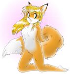  1girl animal_ears barefoot blonde_hair feet fox_ears fox_tail full_body furry green_eyes long_hail looking_at_viewer nude open_mouth open_mouth_smile pisipisi smile solo tail toes whiskers 