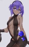  arm_behind_back artist_name black_gloves black_hairband black_legwear breasts center_opening commentary_request dark_skin fate/prototype fate/prototype:_fragments_of_blue_and_silver fate_(series) flower full_body gloves grey_background hair_between_eyes hairband hassan_of_serenity_(fate) highres kneeling leotard looking_at_viewer medium_breasts navel purple_eyes purple_hair short_hair simple_background solo turtleneck yaman 