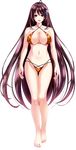  amasaka_takashi ass_visible_through_thighs bare_shoulders barefoot bikini breasts brown_hair cleavage criss-cross_halter flower full_body hair_flower hair_ornament halter_top halterneck highres katanajou_minamo large_breasts long_hair looking_at_viewer navel official_art open_mouth shiny shiny_skin skindentation smile solo standing swimsuit thigh_gap transparent_background unionism_quartet very_long_hair 