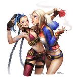  blonde_hair blue_hair braid cigarette crossover dc_comics eyeshadow fishnet_pantyhose fishnets forced gloves gun hair_pull harley_quinn highres jacket jinx_(league_of_legends) kim_eul_bong league_of_legends lipstick_mark long_hair makeup middle_finger midriff multicolored_hair multiple_girls navel pantyhose pink_eyes suicide_squad tattoo thighhighs twin_braids twintails very_long_hair weapon yuri 