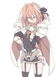  astolfo_(fate) black_bow blade_(galaxist) bow braid cape covered_navel covering_mouth cowboy_shot fate/apocrypha fate_(series) fur_cape fur_trim garter_straps gauntlets hair_bow hand_on_hip holding holding_hair long_hair male_focus multicolored_hair otoko_no_ko pink_hair simple_background single_braid solo streaked_hair thighhighs white_background white_cape 