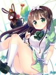  animal anko_(gochiusa) apron ass bangs black_footwear blunt_bangs blush bow bowtie breasts brown_hair bunny closed_mouth collared_dress crown cup dress eyebrows_visible_through_hair gochuumon_wa_usagi_desu_ka? green_bow green_dress green_eyes green_neckwear hairband in_container kneehighs kurou_(quadruple_zero) leaf loafers long_hair looking_at_viewer medium_breasts mini_crown no_panties plant puffy_short_sleeves puffy_sleeves saucer shoes short_sleeves smile striped striped_dress ujimatsu_chiya upskirt vertical-striped_dress vertical_stripes vines wand white_apron white_bow white_legwear wrist_cuffs 