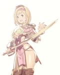  blonde_hair breasts cleavage_cutout cosplay djeeta_(granblue_fantasy) granblue_fantasy hairband large_breasts mckeee open_mouth pink_hairband short_hair skirt solo sword thighhighs underboob underboob_cutout weapon 