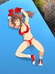  1girl beaten bikini boxing boxing_gloves breasts brown_hair cleavage defeated eyes_closed full_body large_breasts long_hair lying navel on_back open_mouth original ponytail shamanwer solo swimsuit thong unconscious underwear white_background 