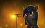  2014 blue_hair clothed clothing detailed_background equine fan_character feral hair horn mammal my_little_pony night outside raining red_eyes rublegun smile solo unicorn 