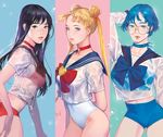  arm_at_side arm_behind_back arm_behind_head arm_up bikini bikini_shorts bishoujo_senshi_sailor_moon black_hair blouse blue_background blue_bikini blue_bow blue_choker blue_hair blue_neckwear blue_sailor_collar blue_shorts bow bowtie choker contrapposto covered_navel cowboy_shot crescent_moon crop_top dayoungbyun double_bun glasses green_background hair_bun hino_rei inner_senshi jewelry juuban_high_school_uniform juuban_middle_school_uniform large_bow long_hair long_sleeves looking_at_viewer midriff mizuno_ami moon multicolored multicolored_background multiple_girls one-piece_swimsuit pendant pink_background red_bikini red_choker red_neckwear ribbon_choker round_eyewear sailor_collar sailor_mars sailor_mercury sailor_moon sailor_senshi see-through short_hair short_sleeves shorts standing swimsuit swimsuit_under_clothes tsukino_usagi twintails water_drop wet wet_clothes white_blouse white_swimsuit 