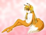  1girl animal_ears barefoot blonde_hair blush feet fox_ears fox_tail full_body furry green_eyes long_hair looking_at_viewer navel nude pisipisi sitting solo tail toes whiskers 