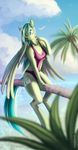  5_fingers anthro bikini breasts clothing cutie_mark detailed_background equine eyelashes fan_character feathered_wings feathers green_eyes green_feathers green_skin hooves mammal my_little_pony outside pegasus rublegun sky smile solo standing swimsuit wings 