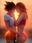  ass backlighting bike_shorts brown_hair buruma couple crop_top emily_(overwatch) eye_contact goggles goggles_around_neck looking_at_another multiple_girls overwatch red_hair revision ross_tran spiked_hair sports_bra sunlight tracer_(overwatch) underwear yuri 