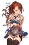  :d apron beatrix_(granblue_fantasy) black_legwear blue_ribbon box brown_hair gift gift_box granblue_fantasy hair_ribbon hanarito heart-shaped_box highres long_hair looking_at_viewer open_mouth ribbon simple_background sitting smile solo thighhighs valentine white_background yellow_eyes 