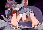  1girl barefoot desco_(disgaea) disgaea feet from_behind horns looking_at_viewer looking_back pointy_ears pov pov_feet purple_hair red_eyes reddly23 short_hair soles toes 