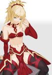  bangs bare_shoulders black_legwear blonde_hair blue_eyes bra braid breasts commentary_request detached_collar detached_sleeves fate/apocrypha fate_(series) hand_up highres kikken midriff mordred_(fate) mordred_(fate)_(all) navel pelvic_curtain ponytail red_bra sitting skirt small_breasts smile solo strapless strapless_bra thighhighs thighs toned underwear 